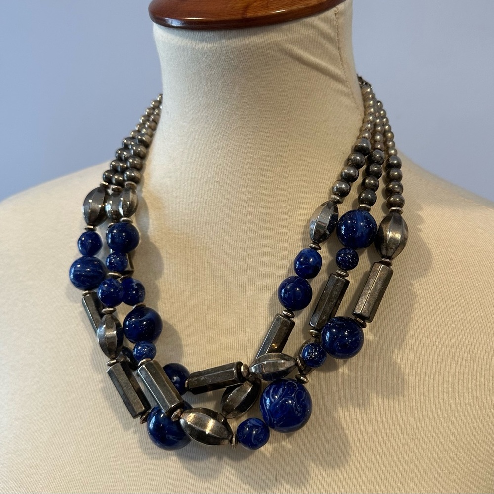 Designed by Paula Vintage Metal and Space Age Galaxy Blue Acrylic Bead Necklace